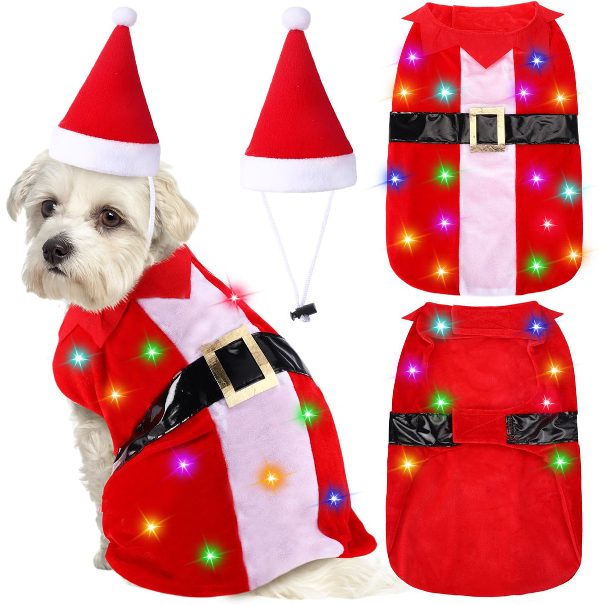 Cosblank Dog Christmas Costumes with Colored Lights and Christmas Hat Santa Claus Suit Dog Costume Pet Cat Christmas Outfit for Puppy Pet Christmas Dress Up Holiday Party Batteries Not Included(M)