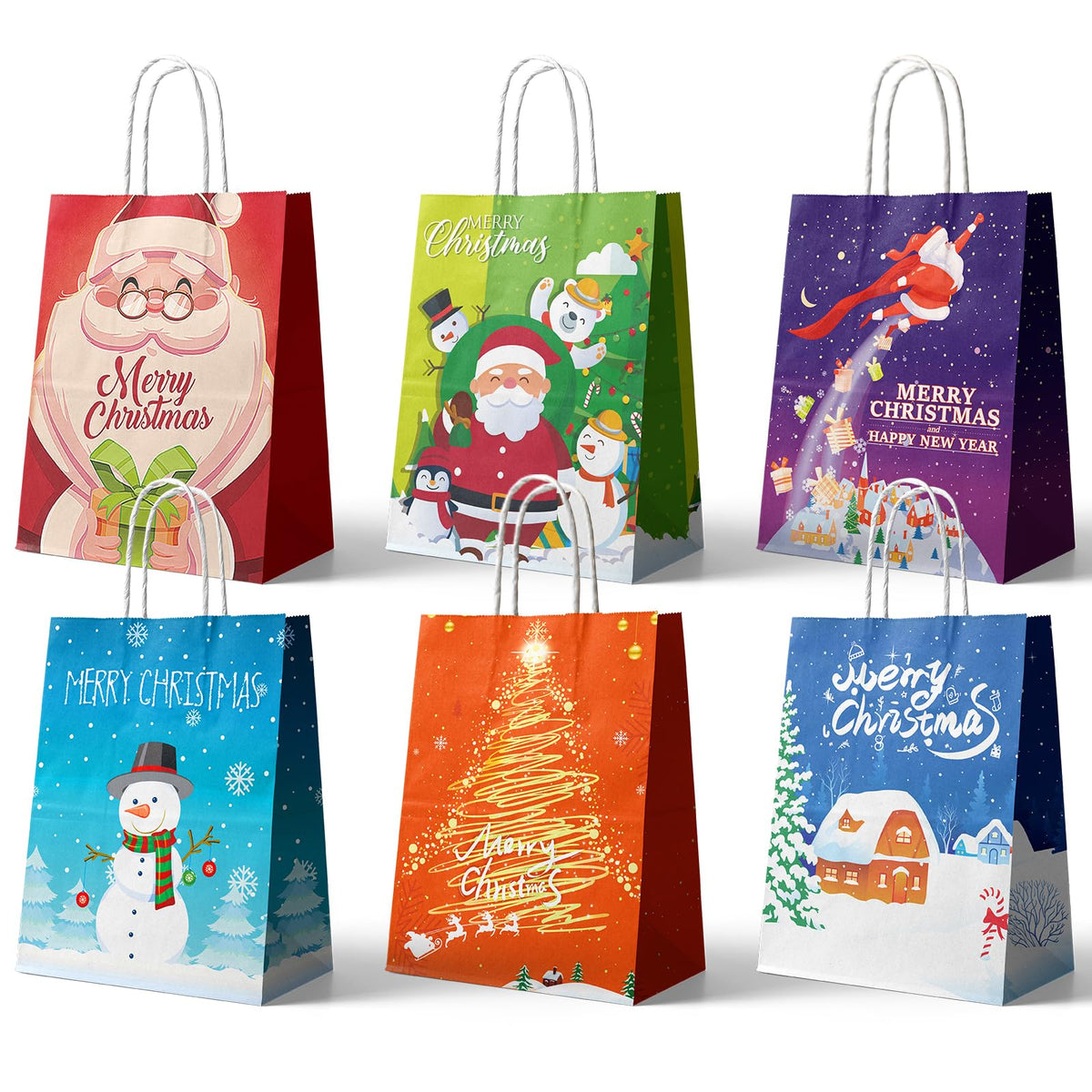 24Pcs Christmas Kraft Gift Bags Holiday Paper Gift Bags Medium Christmas Gift Bags with Handles Christmas Kraft Paper Bags Bulk Christmas Paper Bags with Handles Six Designs for Christmas Holidays Party Favors and Presents