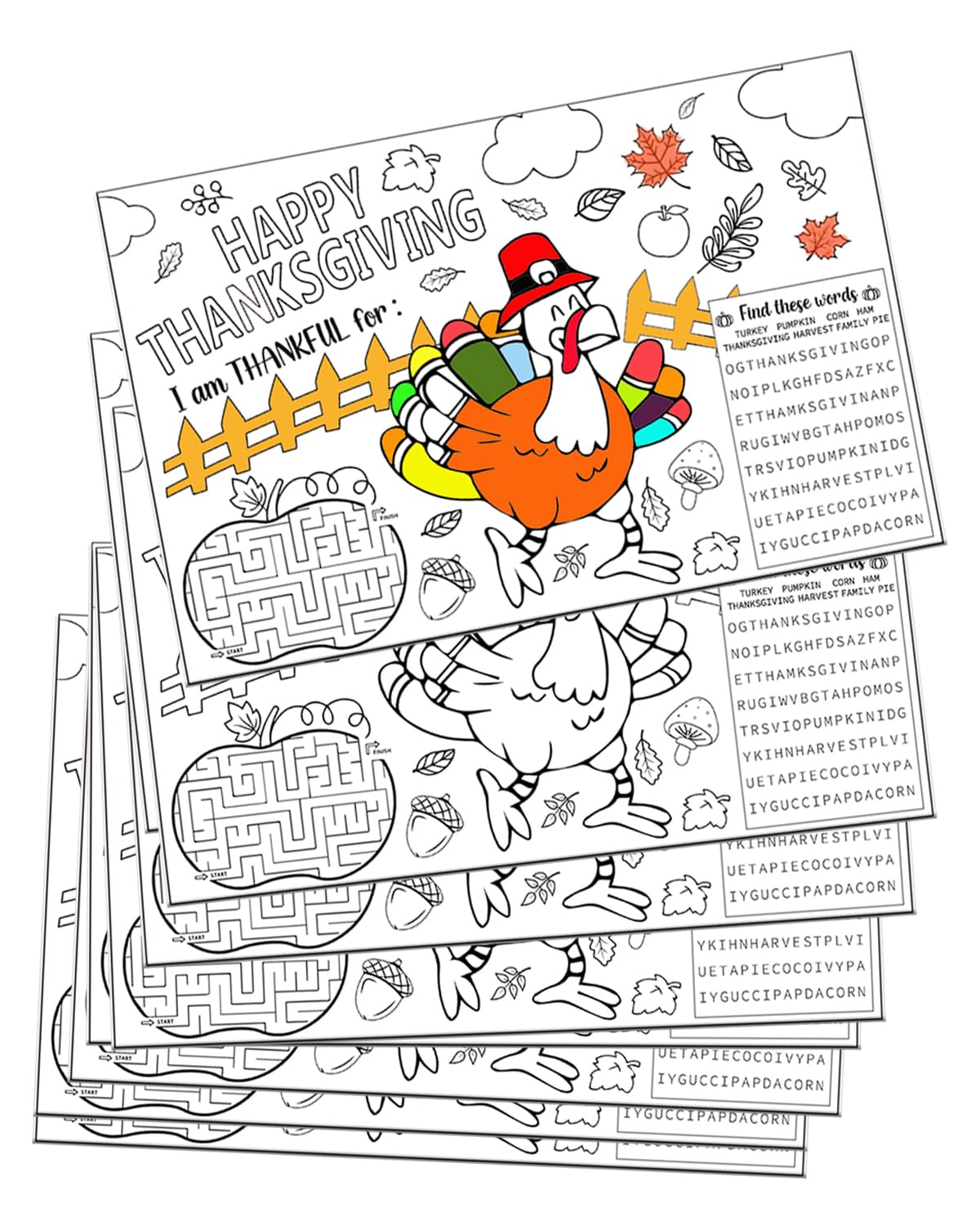 Thanksgiving Coloring Activity Mats for Kids - Set of 12