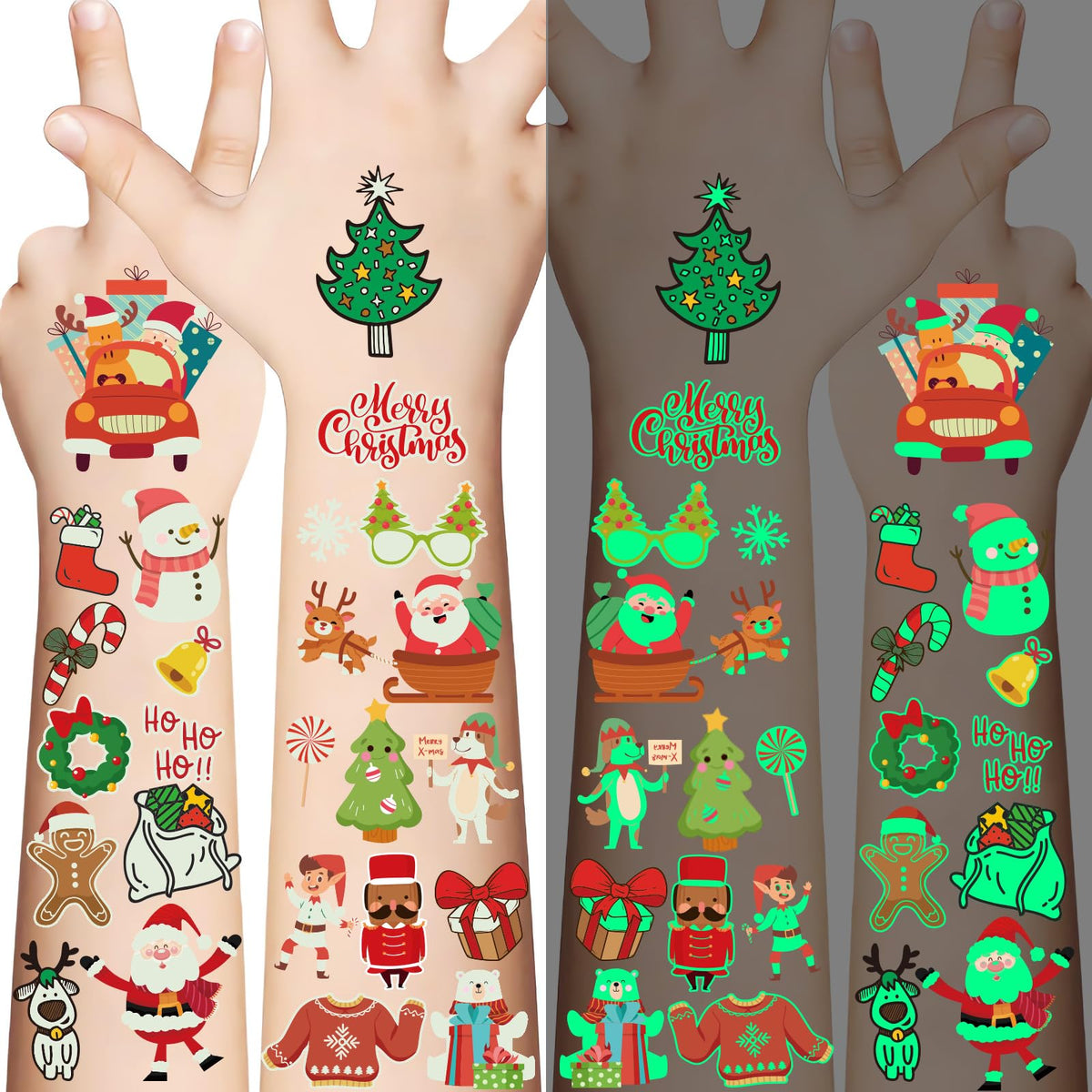 XZENTIRA 467 PCS Luminous Christmas Temporary Tattoos for Kids Christmas Glow Tattoo Stickers for Christmas Decorations Party Supplies Stocking Stuffers Christmas Gifts 30 Sheets