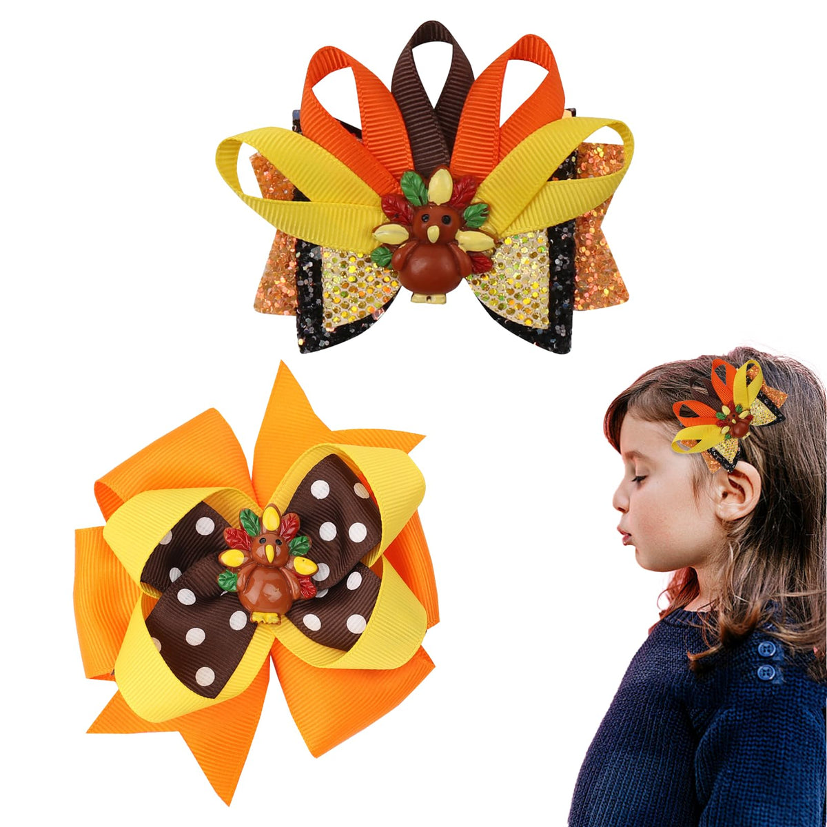 Thanksgiving Turkey Hair Bow Clips – 2-Pack