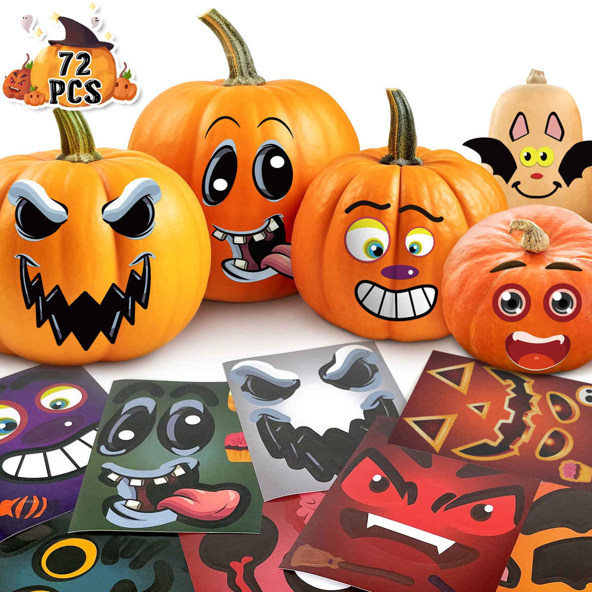 LINAYE 72 PCS Halloween Pumpkin Face Stickers for Kids Crafts Pumpkin Decorating Stickers Halloween Pumpkin Decorating Kit Halloween Games Activities Party Favors for Kids