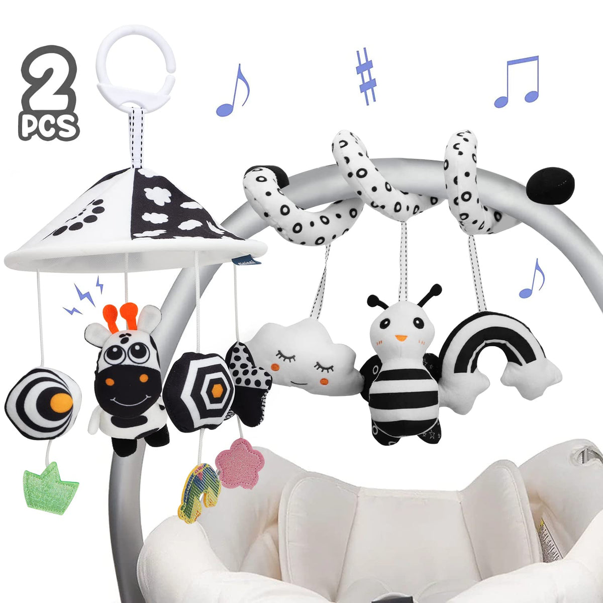 TOY Life 2 Pack Hanging Baby Toys 0-6 Months Car Seat Spiral Toys for Babies 0-6 Months Crib Toys Hanging Newborn Toys Black and White Hanging Stroller Activity Toy for Babies Infant Carseat Toys
