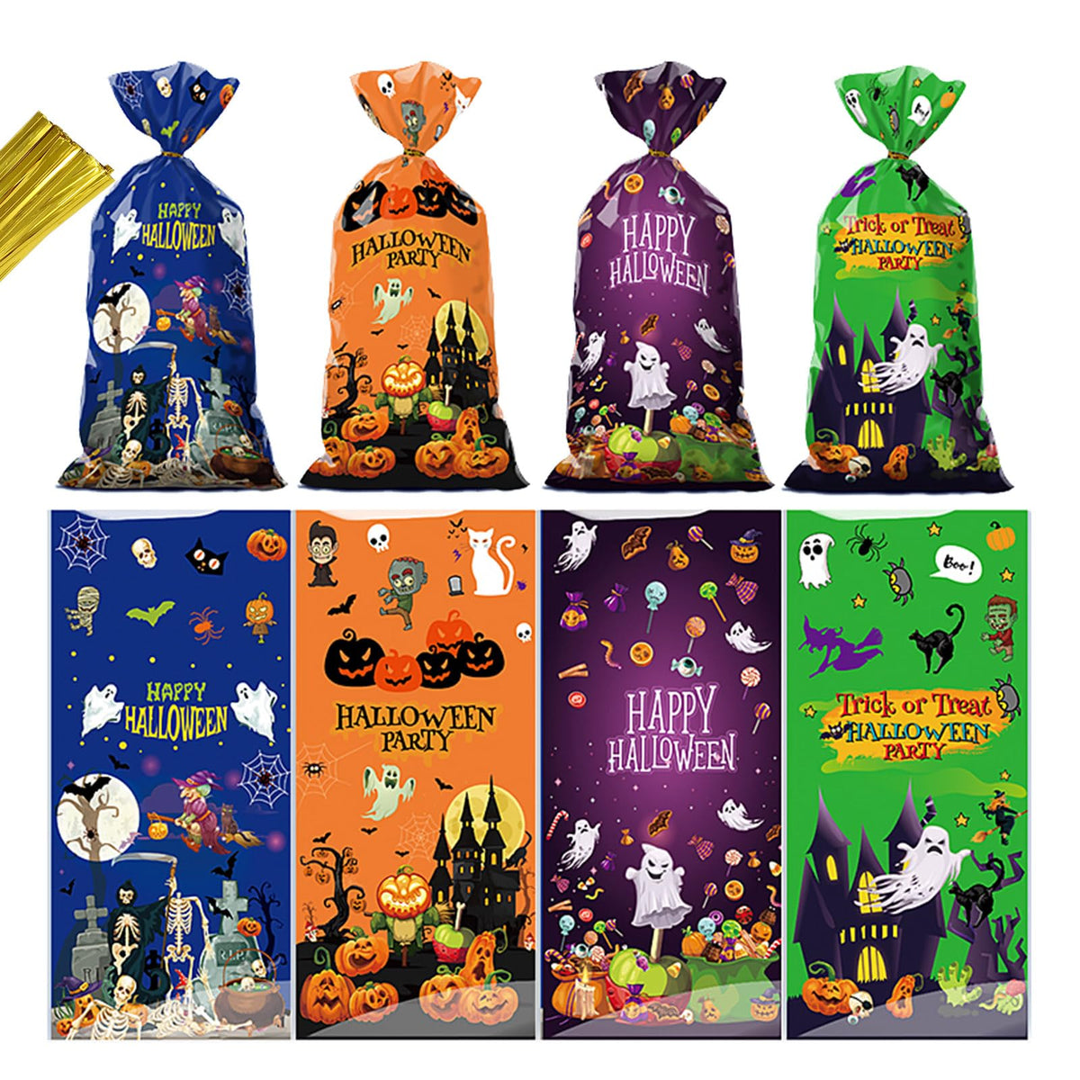 Artby7 Halloween Candy Bags Treats Bags 50 PCS Halloween Cellophane Bags Treat or Trick Party Supplies 4 Styles Halloween Goodies Bags Gift Bags for Halloween Party Favors