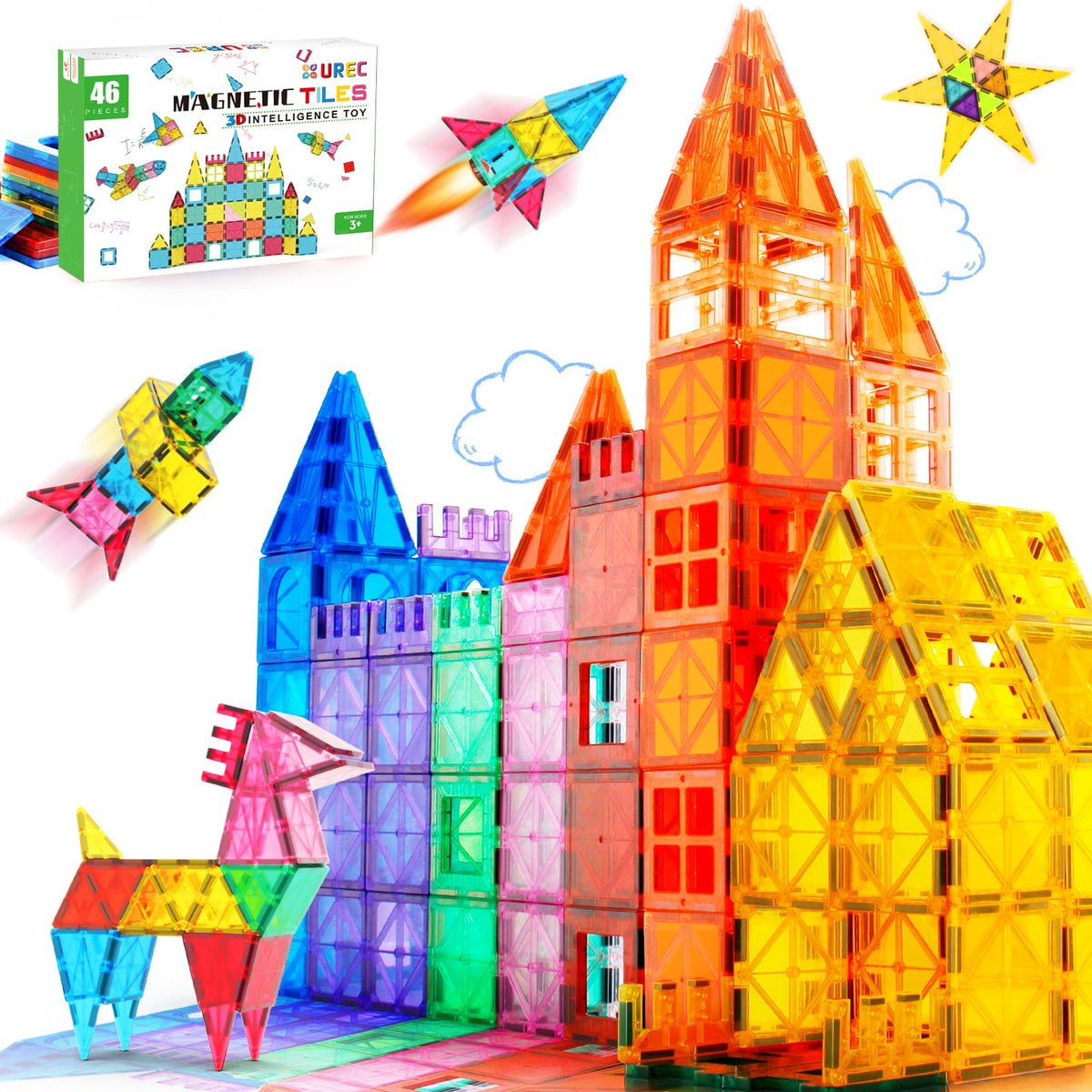 UREC Magnetic Tiles Kids Toys STEM Magnet Toys Kids Games Magnetic Blocks Building Toys Preschool Learning Sensory Montessori Toys for 3+ Year Old Boys and Girls Sturdy Toddler Toys