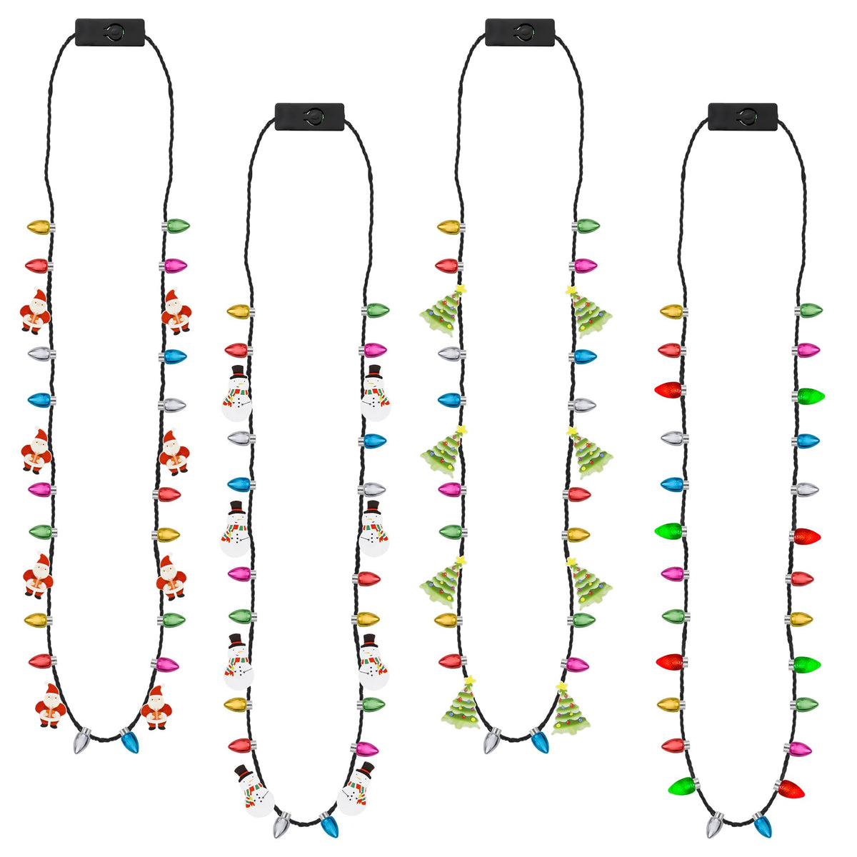 Christmas Necklace 4Pcs Light Up Christmas Necklace Glowing Bulb Christmas Tree Santa Candy Cane Necklaces 3 Modes Colorful Christmas Party Favors Ugly Xmas New Year Eve Party Supplies Accessories