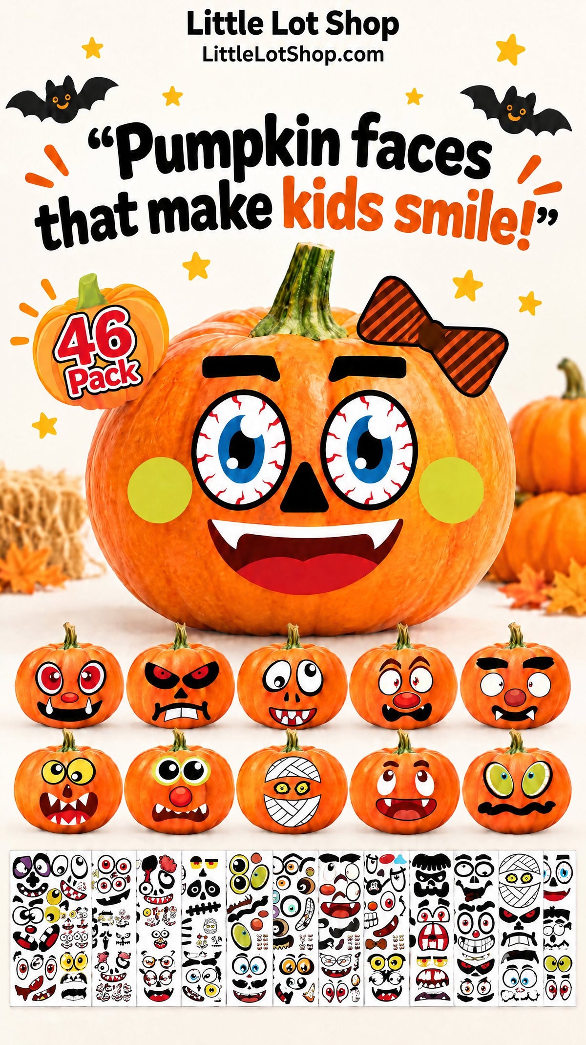 Benresive 46 Pack Halloween Pumpkin Stickers for Kids Halloween Crafts Party Favors for Kids Halloween Holiday Party Games Stickers Bulk Halloween Pumpkin Face Stickers for Kids