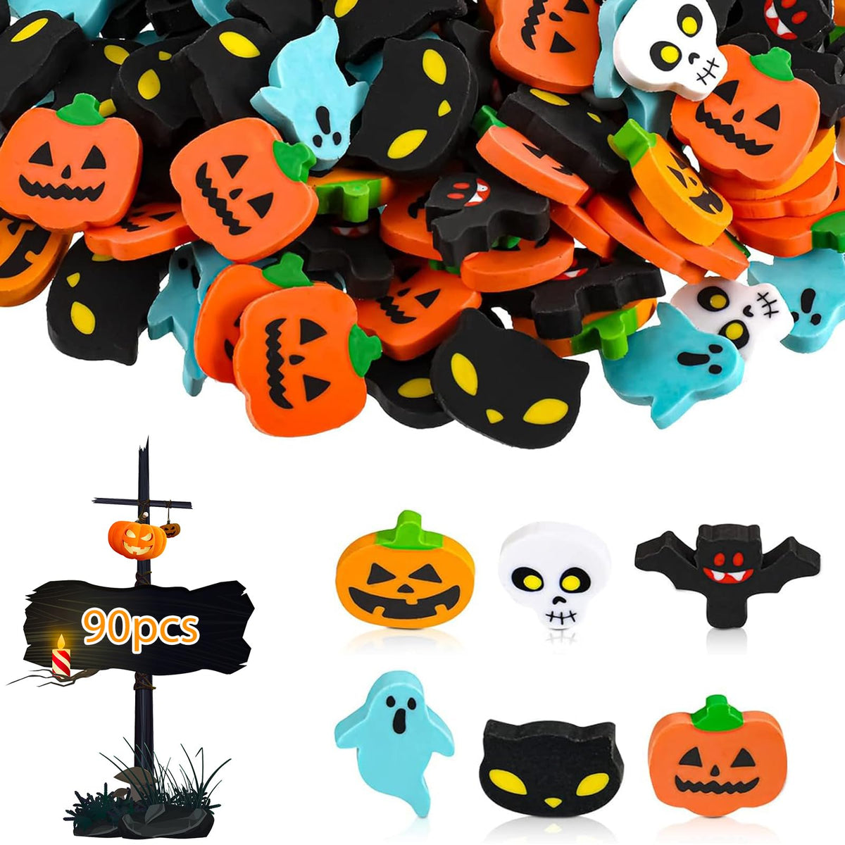 Kleeblatt Halloween Erasers for Kids Bulk 90pcs 6 Styles Mini Fun Halloween Treats Non Candy Halloween Party Favors for Kids halloween treat bag fillers Prize Box Toys for Kids Classroom