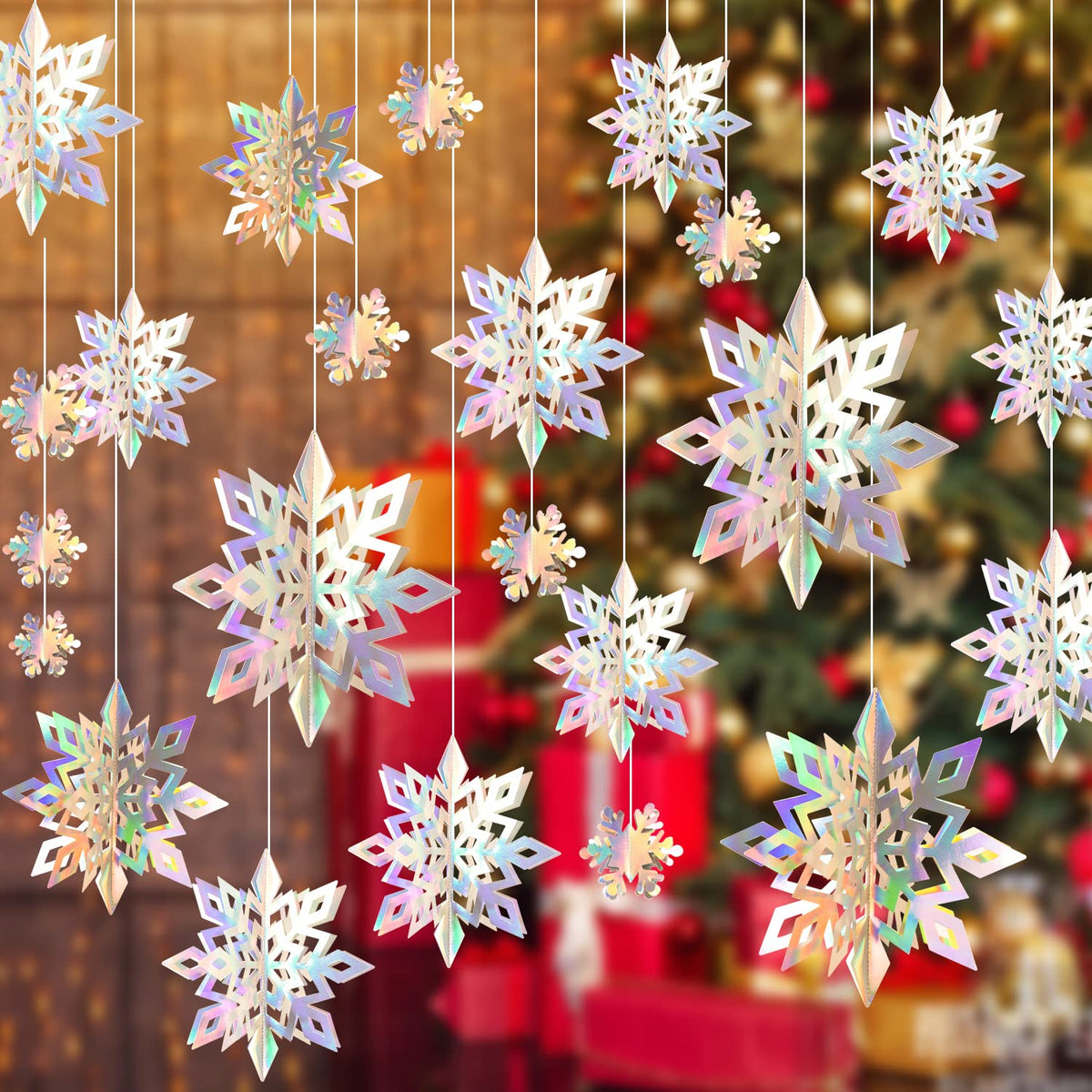 Christmas Hanging Snowflakes 3D Paper Snowflakes Christmas Tree Decorations Hanging Snowflake Decorations for Winter Wonderland Christmas Indoor Outdoor Holiday Decor (27 Iridescent)