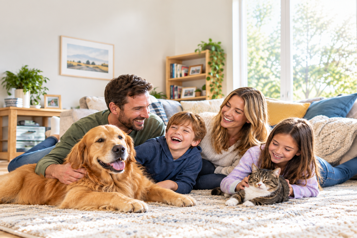 Happy family with pets at home